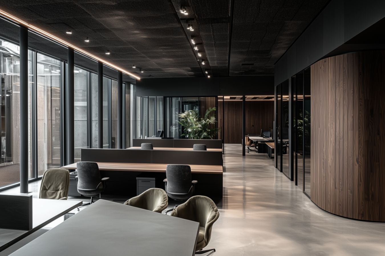 Claure Corporate Project - Modern office with dark wood paneling and black-framed glass partitions - Ai Spaces.jpg